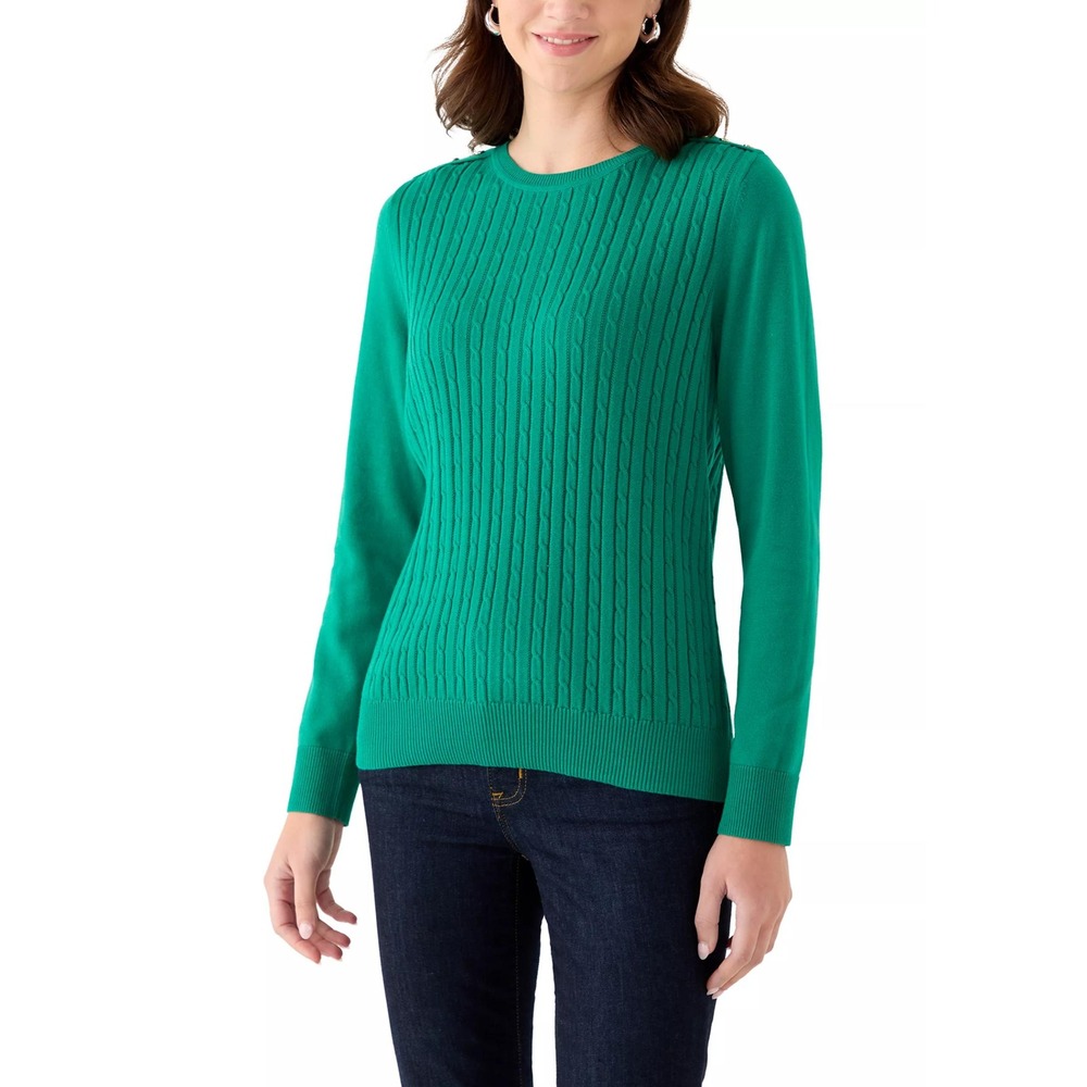 Kim Rogers XL $58 Green Cable Knit Gold Button Shoulder 100% Cotton Sweater